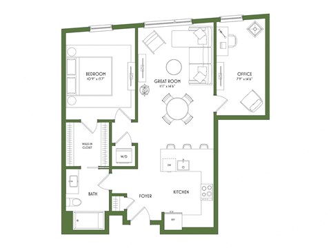 A floor plan of a house with a bedroom, bathroom, kitchen, office, and great room.